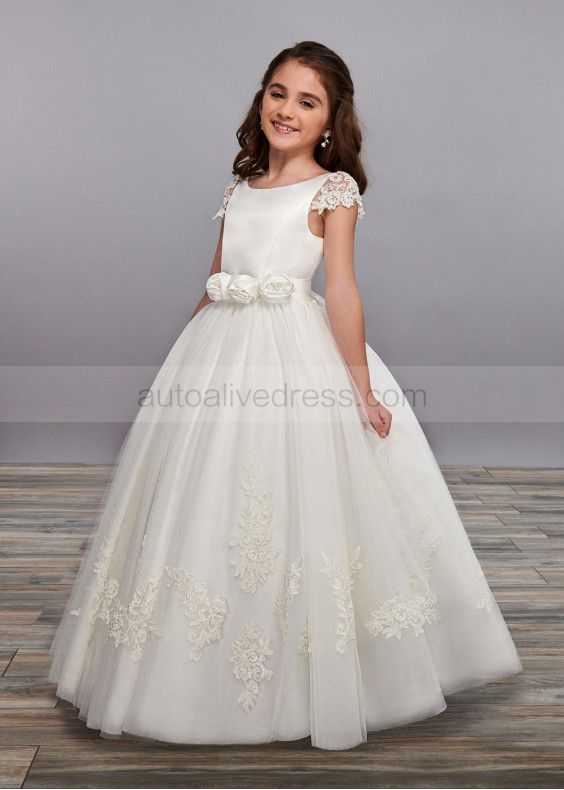 Ivory Satin Tulle Flower Girl Dress With Floral Belt